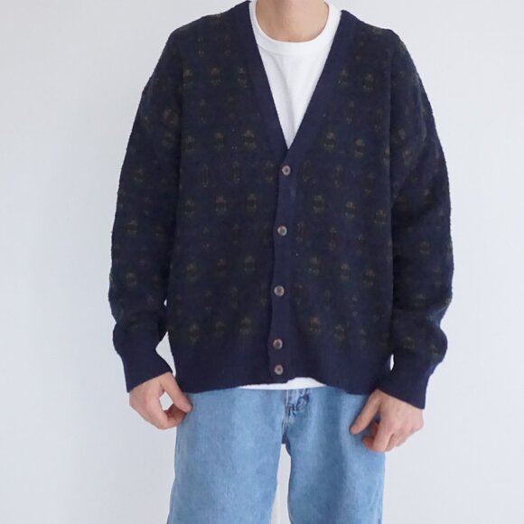 VTG Claybrooke Navy Wool Blend Patterned Knit Retro Eclectic Grandpa Cardigan XL - Picture 1 of 9